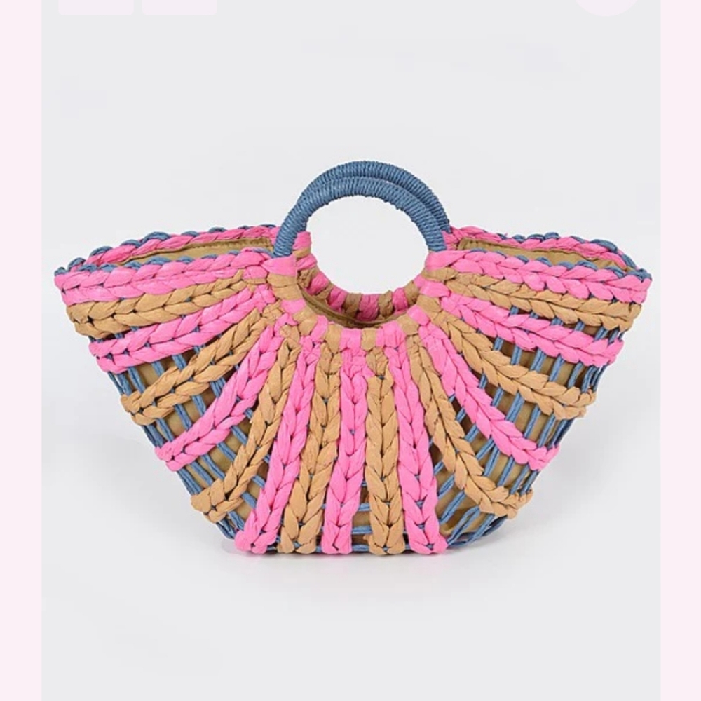 Pink & Blue Woven Straw Tote NWOT